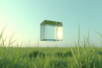 A transparent cube floating above a grassy field.