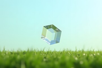 A transparent cube floating above a grassy field.