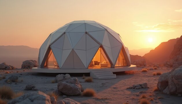 Futuristic geodesic dome house sits in a rocky desert landscape. Warm sunset glows on the unique geometric structure offering modern living and isolation. Architecture blends with nature.