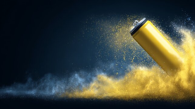 A yellow can is set against a blue background with a splash of colorful powder, symbolizing vibrant dynamic energy and abstractness, as colorful powder explodes from the can