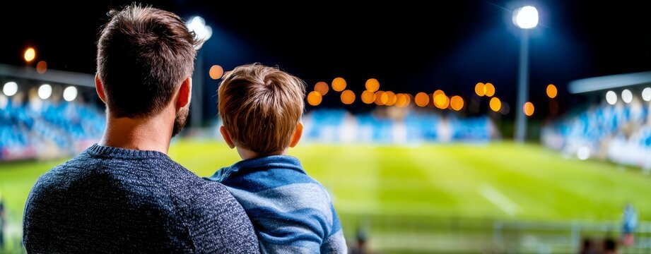 A warm glow illuminates the stadium as a father and son enjoy a game together, creating an emotional scene