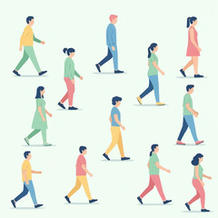 People walking in various outfits and different directions.