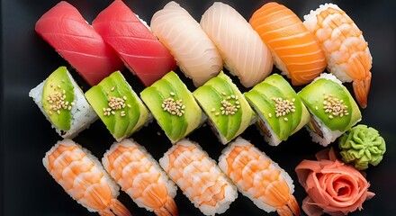 Delicious sushi platter with fresh tuna salmon shrimp and avocado rolls a culinary delight perfect for a healthy meal or restaurant menu presentation