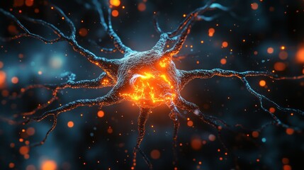 Abstract Neuron Cell with Glowing Core and Vibrant Energy in Dark Space
