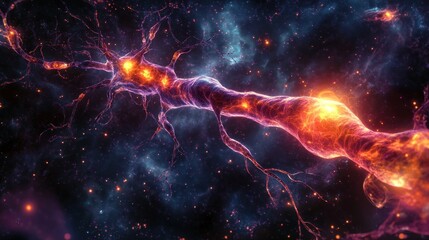Vibrant Neural Structure Glowing with Fiery Impulses in Cosmic Space