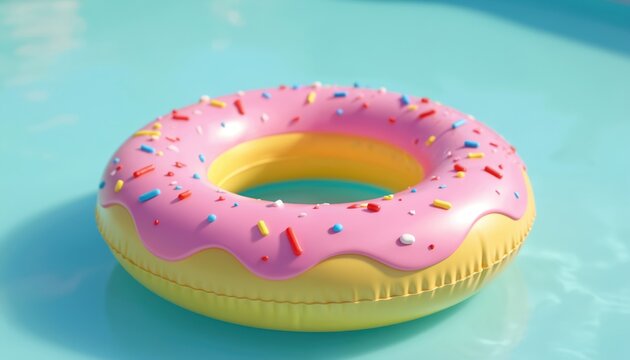 Pink donut pool float bobs in bright blue water under sunny summer sky. Sprinkles add sweet detail to inflatable toy for pool party fun. Relaxing day at the water.