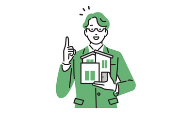 住宅の模型を持つビジネスパーソンの男性