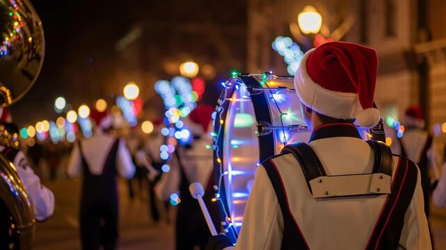 Drummer marching band parade lights night festive holiday christmas family singing carol family christmas holiday drummer with illuminated drum leads marching band festive street parade night wrapped