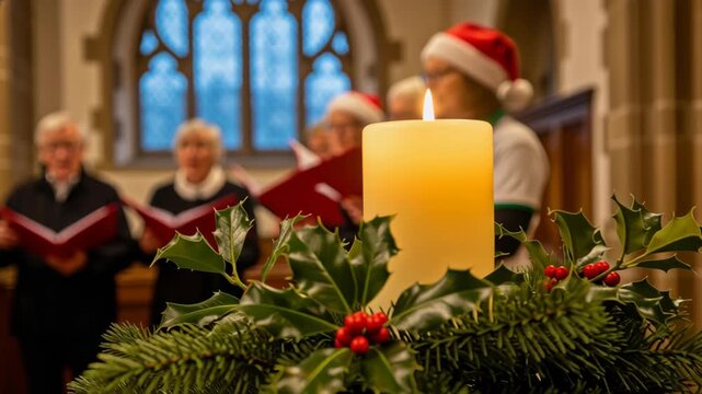 Candlelit family choir singing carol in church for christmas holiday worship wreath holly candle warm festive candlelit scene of family singing carol for joyful holiday celebration