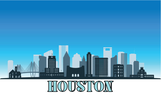 Global city Houston shown in a detailed vector skyline with a bright blue sky.