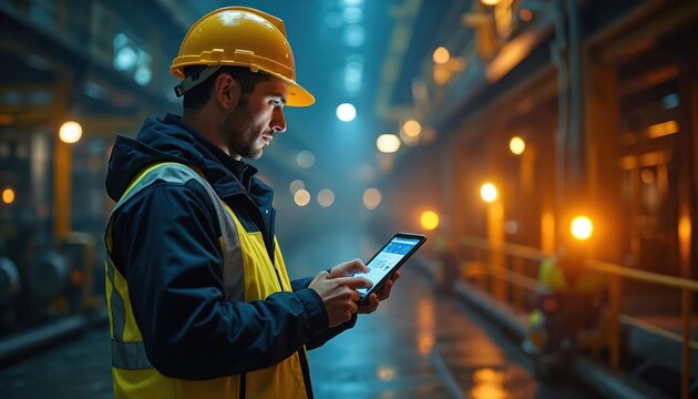 Safety officer in yellow helmet uses tablet in factory. He checks real-time data on device. Industrial worker monitors operations on digital screen. Technology improves site oversight. - Powered by Adobe