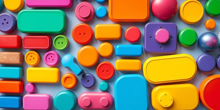 A vibrant set of colorful buttons in various shapes and sizes,  happy, colorful supplies