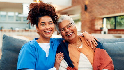 Portrait, caregiver and hug with old woman, nursing home or bonding with healthcare worker in...