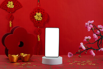 Background with Smartphone Display and Lunar New Year Decor