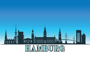 Fototapeta premium Global city Hamburg shown in a detailed vector skyline with a bright blue sky.