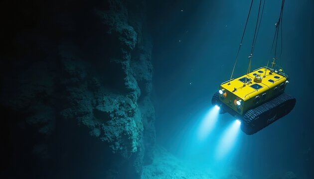Yellow ROV vehicle explores deep ocean cave with powerful lights. Underwater robot with tracks inspects marine geology, unknown abyss. Research submersible descends into dark blue water near rocky - Powered by Adobe