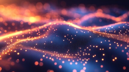 Abstract Digital Waves with Glowing Orange Particles and Blue Lights