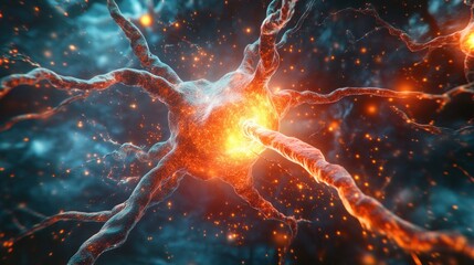 Abstract Visualization of a Neuron with Vibrant Energy and Electrical Impulses
