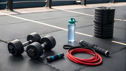 Fitness Dumbbells, Resistance Bands, And A Water Bottle Resting On A Gym Floor, Symbolizing Strength Training, Healthy Lifestyle, And The Motivation Behind Everyday Workout Routines