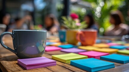 The warm and casual vibe of a morning meeting with coffee, a sticky note, and sunlight on a wooden table encourages creative focus and friendly teamwork in planning and brainstorming sessions