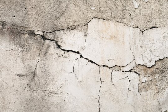 Urban decay concrete wall texture with deep cracks peeling surface in neutral gray beige for grunge backdrop design renovation and architectural concept

