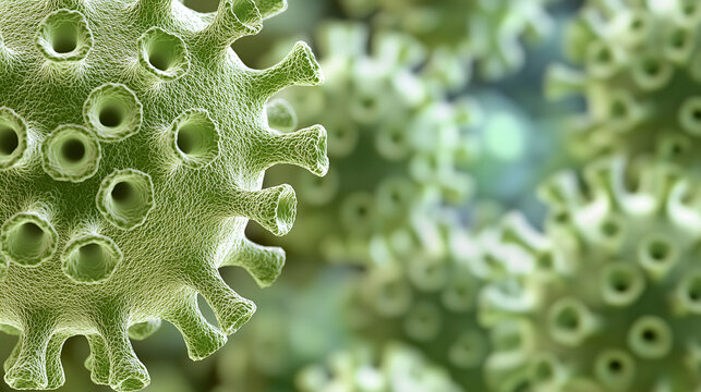 Microscopic 3D View of Green Virus Cells Under the Microscope