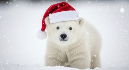 A cute polar bear cub wearing a santa hat stands in the snow, creating a heartwarming and festive image for the christmas holiday season
