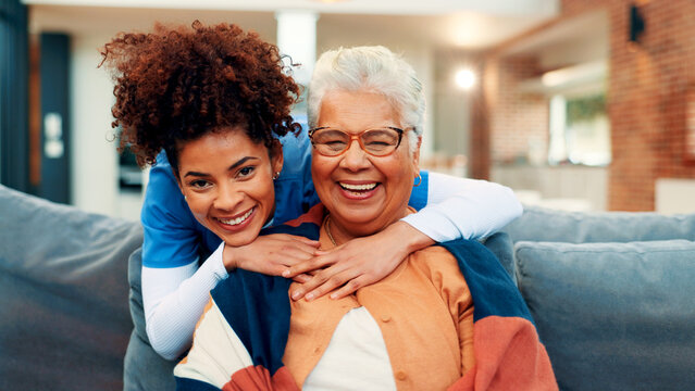 Senior woman, nurse and hug on sofa with smile for portrait, support and assisted living in retirement home. People, caregiver and happy with embrace, connection and services for wellness in Brazil - Powered by Adobe