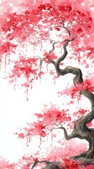 Delicate branches and a twisted trunk define a watercolor cherry blossom tree with pink flowers in full bloom on a white background creating a serene mood in lovely floral art