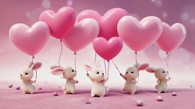 Adorable fluffy bunnies holding pink heart balloons in a soft pastel pink environment with bokeh
