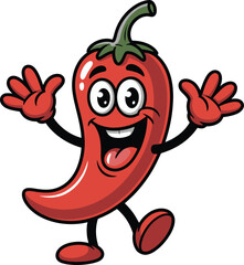 Happy cartoon red chili pepper character with welcoming gesture