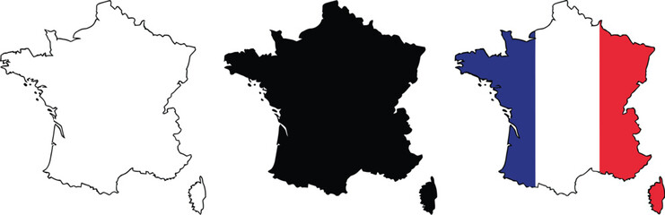 Map of france set: outline, silhouette, and national flag colors
