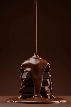 Chocolate syrup being poured on a stack of three brownies, in a brown background