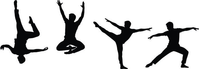 People Jumping, Flipping, and Balancing in Various Dance and Gymnastics Action Poses Vector.