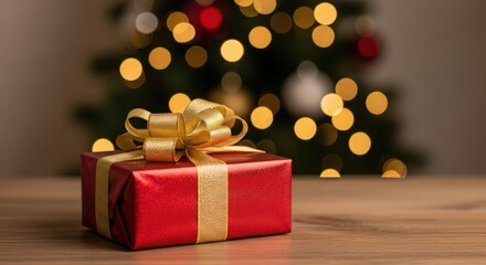 A red christmas gift box with a gold ribbon sits on a wooden table in front of a blurred christmas tree with lights