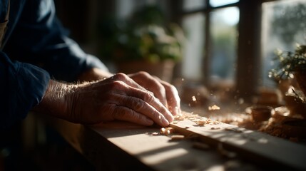 Craftsman shaping wood in a well-lit workshop during the late afternoon