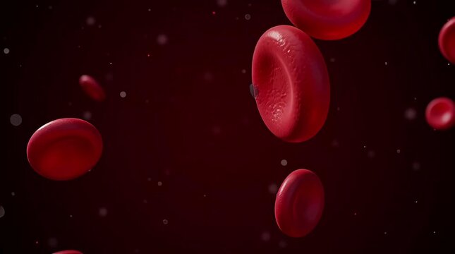 Red blood cells floating in a dark red environment, some small particles are also floating around, the cells are round and have a concave shape