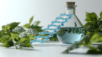Biotechnology Concept with DNA Helix and Glass Flask Surrounded by Green Leaves