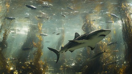 Whale Shark Swimming Gracefully Through a Vibrant Kelp Forest Underwater