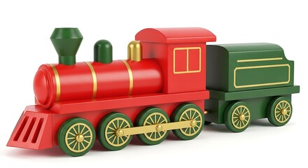 Classic wooden toy train locomotive on white background