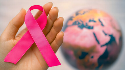 Hand Holding Pink Ribbon for Breast Cancer Awareness with Globe Background