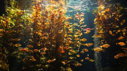 Schools of Radiant Fish Swimming Gracefully Amidst a Vibrant Underwater Kelp Forest