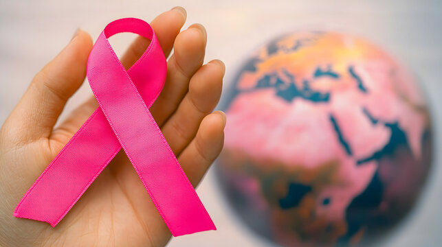 Hand Holding Pink Ribbon for Breast Cancer Awareness with Globe Background - Powered by Adobe