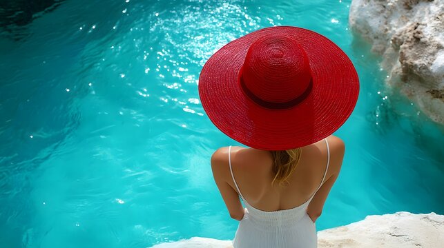 Woman relaxes by a stunning turquoise pool while wearing a red hat on a sunny day
