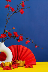 Colorful background with Lunar New Year decorations and flowers