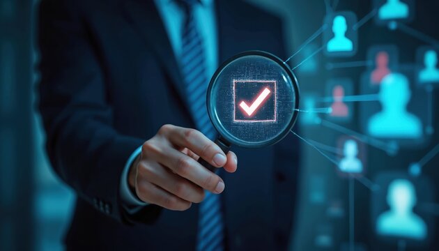 Man with magnifying glass inspects digital user icons. Businessman checks candidate profiles, selecting talent for job. Person finds best worker on screen.