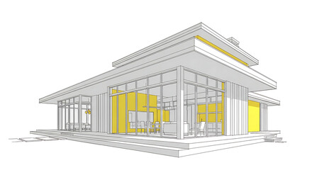 Architectural design sketch of a modern house with large windows and a flat roof, isolated on white background the house is surrounded by greenery