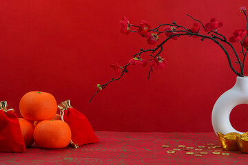 Background with Red Oranges and Decorative Elements for Lunar New Year