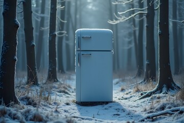 A refrigerator standing in a forest with frost spilling out.