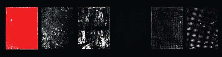 Grunge textures with distressed surfaces for branding, packaging, print posters, and digital design backgrounds. Simply place textures over any object to create grungy effect. Vector illustration.